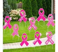 Taiyin 12 Pcs Breast Cancer Awareness Yard Signs 14 x 9 Inch Hope Pink Ribbon Yard Sign Waterproof Breast Cance Signs with 24 Pcs Plastic Fiber Rods for Breast Cancer Awareness Garden Decorations