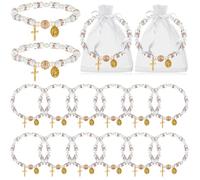 Taiyin 12 Pcs Rosary Bracelet Bulk with Mesh Bags, White Religious Rosary Bead Bracelet Catholic Bracelets, Baptism First Communion Gifts for Women (Gold)
