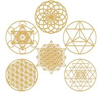Taiyin 6 Pcs 12 Inch Sacred Geometry Wood Wall Art Set Zen Metatron Cube Home Decor Sri Yantra Merkaba Torus Flower of Life Hanging Sculpture Wooden Crystal Grid Pagan 7 Chakra Wall Decor (Golden)