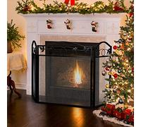 TAIYUESHAN 3 Panel Wrought Iron Fireplace Screen, Solid Baby Safe Fireplace Fence Leaf Design Spark Guard Outdoor Metal Decor Mesh Cover