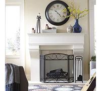 TAIYUESHAN Free-standing Fireplace Screen with Metal Mesh, Large 3 Panel Guard Fire Screens, Wrought Iron Decor Scroll Design, Black