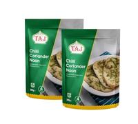 Taj Chilli Coriander Naan 300g Soft Fluffy Indian Bread Infused with Fresh Coriander and Spicy Red Chilli Authentic Restaurant Style Taste Ready to Eat Pack of 2