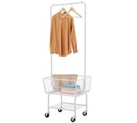 Tajsoon Laundry Cart with Clothes Rack, Laundry Hamper with Storage Basket and storage Shelf, Rolling Laundry Cart with Hanging Garment Rack, Lockable Wheels, Metal, White