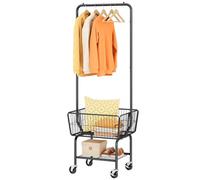Tajsoon Laundry Cart with Hanging Rack, Metal Laundry Basket with Wheels, Laundry Hamper with Storage Basket and Shelf, Rolling Laundry Cart with Wheels, Black