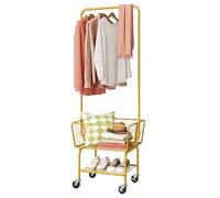 Tajsoon Laundry Cart with Wheels, Metal Rolling Laundry Hamper with Hanging Rack, Storage Basket and Shelf, Gold