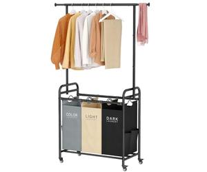 Tajsoon Laundry Sorter Cart with Hanging Clothes Rack, 3 Butler Sorter Basket Organizer, Laundry Hamper Cart with Heavy Duty Rolling Lockable Wheels, 3 Colors