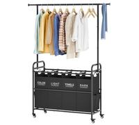 Tajsoon Laundry Sorter Cart with Hanging Clothes Rack, 4 Butler Sorter Basket Organizer, Laundry Hamper Cart with Heavy Duty Rolling Lockable Wheels,Black