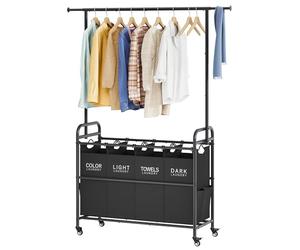 Tajsoon Laundry Sorter Cart with Hanging Clothes Rack, 4 Butler Sorter Basket Organizer, Laundry Hamper Cart with Heavy Duty Rolling Lockable Wheels,Black