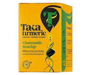 Taka Turmeric, 1 pack (15 Teabags) Organic Chamomile & Rosehip Tea Bags with Turmeric & Black Peppercorns, Turmeric Tea, Caffeine Free Camomile Tea, No Added Flavourings, Recyclable Packaging