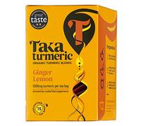 Taka Turmeric Organic Lemon Ginger Turmeric Tea, 15 Tea Bags | 1000mg organic Indian turmeric in every tea bag, activated by crushed black peppercorns. Great Taste award winner.