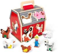 Take-Along Wooden Farm Toy Barn - 11-Pc Portable Playset with Pop-Up Roof & Farm Animals, Preschool Learning Toy for Boys Girls