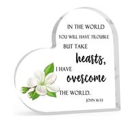 Take Heart i Have Overcome The World Christian Acrylic Heart Shaped Keepsake Gift For Women Inspirational Religious Gifts For Her Mom Sister Friend 15x15 CM Desktop Art Decoration