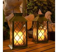 TAKE ME 14" Solar Lanterns Outdoor Waterproof Garden Lanterns Large Flickering Flameless Candle Mission Lights for Table,Outdoor,Party Mothers Day Gifts ( 2 Packs Brush-Painted Antique Gold Color)