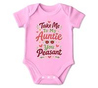 Take Me To My Auntie Baby Bodysuit - soft cotton short sleeve infant onesie with quick-change poppers and retro colourful typography; thoughtful design for newborns showers and proud aunties - Boys