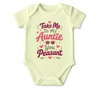 Take Me To My Auntie Baby Bodysuit - soft cotton short sleeve infant onesie with quick-change poppers and retro colourful typography; thoughtful design for newborns showers and proud aunties - Boys