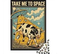 Take Me to Space Cow Poster, Funny UFO Alien Wall Art, Whimsical Sci Fi Illustra Jigsaw Puzzle for Adults, 1000 Pieces, 70x50cm/1000pcs, Quiet Home Activity, Evening Leisure And Puzzle Lovers