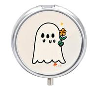 Take The Flower Ghost Metal Pill Organizer, 3 Compartment Waterproof Pill Case with Mirror for Purse Pocket Bag, Daily Medicine Vitamin Holder, Portable Travel Med Container(Round)