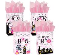 TAKEALOOKO 16Pcs Pink Happy Boo Day Halloween Gift Bags - Cute Ghost Candybags with Tissue Paper for Kids Birthday Party, Trick or Treat Goodie Favor Bag for Halloween Parties Favors Supplies