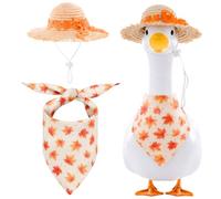 TAKEALOOKO 2Pcs Fall Outfit for Porch Goose - Autumn Maple Leaf Bowknot Straw Hat with Bib Accessories for 23'' Cement Statue, Garden Lawn Thanksgiving Halloween Outdoor Decoration
