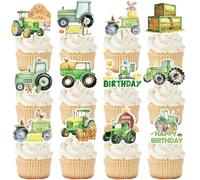 TAKEALOOKO 36Pcs Watercolor Tractor Cupcake Toppers - Barnyard Farm Birthday Cup Cake Picks, Green Tractors Dessert Topper for Kids Boys Farmer Themed Party Decorations Supplies
