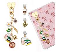 TAKEALOOKO 4PCS Coffee Reading Charms for Kindle - Gold Retro Chains with Type C Dust Plug, Charm for Readers Booklovers Women Men, Compatible for E-Reader Phones Paper White