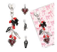 TAKEALOOKO 4PCS Gothic Skeleton Charms for Kindle - Sliver Red Cross Heart Chains with Type C Dust Plug, Stylish Charm for Readers Book Lovers, Compatible for E-Reader Phones Paper White