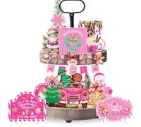 TAKEALOOKO Christmas Tiered Tray Decor Set - 22Pcs Pink Wooden Signs Snowman Gingerbread Hot Cocoa Ornaments, Farmhouse Holiday Decorations for Table Shelf Centerpiece Xmas Home Party