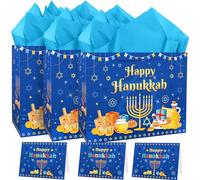 TAKEALOOKO Hanukkah Paper Gift Bag Set - Blue Star of David Bags with Wrapping Paper & Greeting Cards, Happy Hanukkah Jewish Holiday Party Favor Supplies