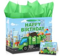 TAKEALOOKO Trash Truck Birthday Decorations Gift Bag - Garbage Trucks Themed Giftbag with Greeting Card and Tissue Paper, Rubbish Car Party Favors Bags for Kids Birthday Party, Baby Shower Supplies
