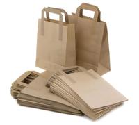 Takeaway Brown Kraft Paper SOS Food Carrier Delivery Bag With Handles - Eco-Friendly Party Gift Bar Restaurant Bags (25, Small 7" x 9" x 3.5")