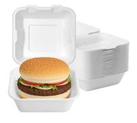 Takeaway Burger Boxes 50 Pack Strong 6x6 Inch Clamshell Box Disposable Bagasse Sugarcane Closure Microwave Safe Compostable Container for Hot & Cold Food Catering Birthday Party Office Picnic White