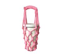 takemay Handwoven Drink Carrier with Handle, Eco Friendly Reusable Single Cup Holder Netting Bag for Travel Coffee Cup Hanging Carry, Cruise Drink Caddy & Decorate Your Cup (Melon Pink)