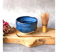 TAKEMI Traditional Japanese Matcha Bowl Set, Handcrafted Mino Ware Chawan with Bamboo Whisk and Scoop, Ceramic Tea Ceremony Collection, Blue and White Glazed (Deep Sea (Blue), 16 oz (470 ml))