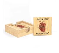 Takes a Lickin' Keeps on Tickin' Heart Survivor,Bamboo Wood Square Coaster, Set of 5, Tableware, Coee, Tea, Drink Coaster.