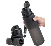 TakeToday Collapsible 32oz Silicone Water Bottles, Foldable Travel Bottle with Strap, BPA Free, Leakproof for Hiking, International Travel, Outdoors(Black)