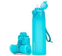 TakeToday Collapsible Water Bottles 20oz (600mL), Foldable Platinum Silicone Travel Water Bottle with Straw & Carry Strap, Leak-Resistant Screw Lid, Wide Mouth, BPA-Free for Hiking, Camping, Travel
