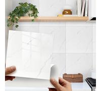 Takezuaa 30Pcs White Tile Stickers Self Adhesive Wall Tiles, Marble Stick on Tiles 30 x 30cm, PET Peel and Stick Wall Glossy Stickers for Kitchen Bathroom