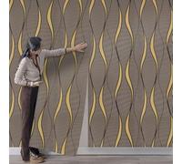 Takezuaa Brown Gold Glitter Textured 3D Effect Embossed Wallpaper Non-Woven Taupe Wave Stripes Wall Paper Minimalist Feature Decoration for Living Room Bedroom Hallway