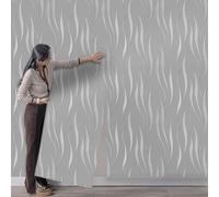 Takezuaa Grey 3D Embossed Wallpaper Non-Woven Wave Stripes Roll Silver Glitter Textured Wall Paper for Livingroom Bedroom Hallway Kitchen Front Room