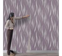 Takezuaa Purple 3D Embossed Wallpaper Non-Woven Wave Stripes Roll Silver Glitter Textured Wall Paper for Livingroom Bedroom Hallway Kitchen Front Room