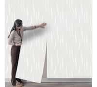 Takezuaa White 3D Embossed Wallpaper Non-Woven Wave Stripes Roll Silver Glitter Textured Wall Paper for Livingroom Bedroom Hallway Kitchen Front Room