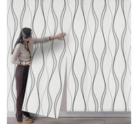 Takezuaa White Glitter Textured 3D Effect Embossed Wallpaper Non-Woven Grey Wave Stripes Wall Paper Minimalist Feature Decoration for Living Room Bedroom Hallway