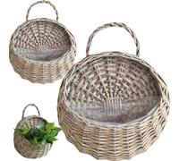 Takingup 2Pcs Natural Rattan Vintage Hanging Planter Basket, Wall Mount Storage Plant Basket Flower Pot for Home Garden Indoor Grey and Rattan Planter