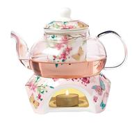Takingup Ceramic Teapot, 5x3 Inch Chinese Kung Fu Tea Pot with Floral Pattern, Includes Infuser and Warmer, Elegant Teapot for Afternoon Tea Party and (Candle Not Included)