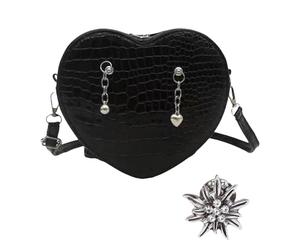 TAKONE Women's Dirndl Bag - Traditional Bag Black in Heart Shape with Shoulder Strap - Handbag for Oktoberfest and Carnival