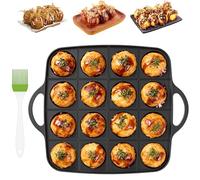 Takoyaki Pan,16 Hole Cooking Cake Pan,Aluminum Takoyaki Grill Cooker,Nonstick Baking Tray with Handle & Brush,21x26cm Octopus Ball Maker, Mini Pancake Balls Make for Induction Hob, Gas Hob