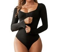Takusun Long Sleeve Bodysuit for Women Tummy Control Thong Shapewear V Neck Body Suits Going Sexy Out Tops Shirt, Black, Medium