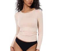 Takusun Womens Long Sleeve Compression Slimming Shirt Undershirts Round-Neck Basic Shapewear Thermal Tops Fitted Basic Top, Nude, L