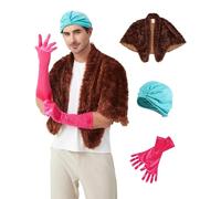 Takuvan 3Pcs Christmas Costume Vacation Clark Outfit Green Turban Hat Faux Fur Wrap & Pink Gloves for Adults Cosplay Party