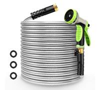 Takuvan Metal Garden Hose 100ft Flexible Water Hose Stainless Steel Heavy Duty Lightweight Durable Strong Kink Free Extra Long Hose Pipe with 10 Way Nozzle for Outdoor Outside Lawn Yard